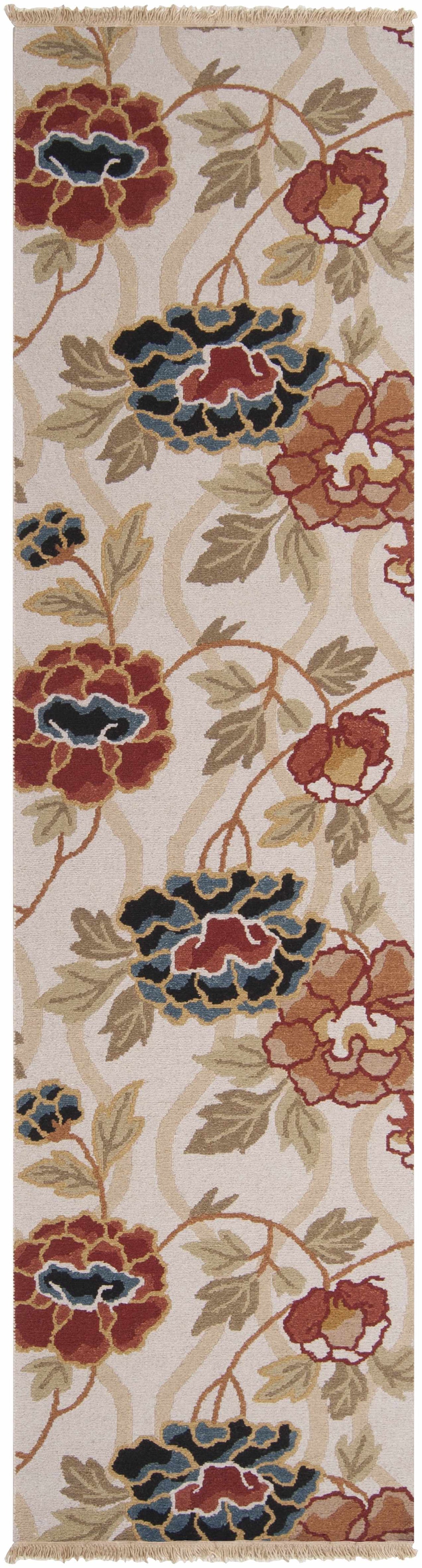Atkins Area Rug floral pattern with red, blue blooms on cream background Boutique Rugs on Tampa Home & Garden Store