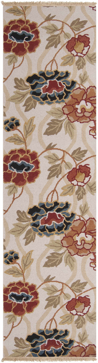 Atkins Area Rug floral pattern with red, blue blooms on cream background Boutique Rugs on Tampa Home & Garden Store