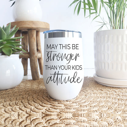 Kids Attitude 17oz tumbler with bold black script on white body and blue lid on Tampa Home & Garden Store