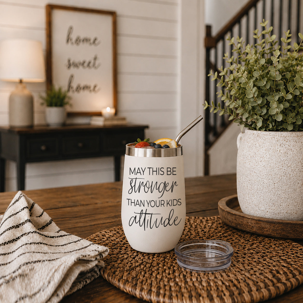 Kids Attitude 17oz tumbler by Gia Roma, white stainless steel with metal straw on Tampa Home & Garden Store