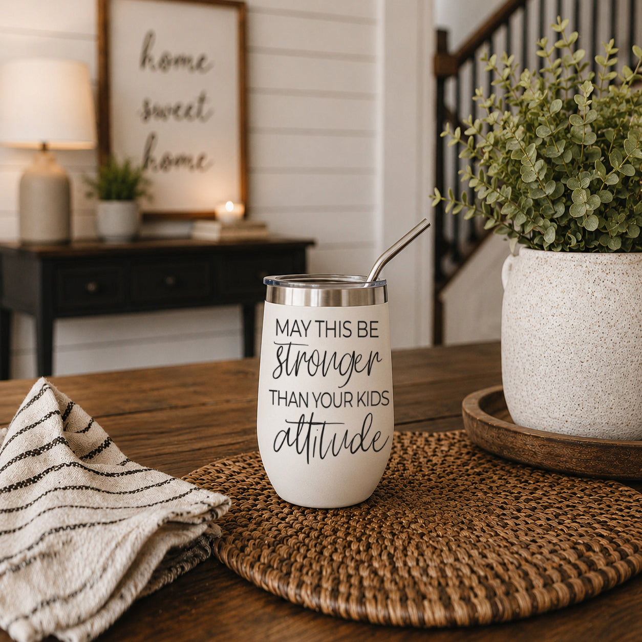 Kids Attitude 17oz tumbler Gia Roma white stainless steel with lid and straw black script text on Tampa Home & Garden Store