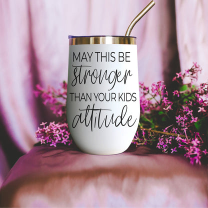 Gia Roma Kids Attitude 17oz tumbler white with gold straw against pink floral backdrop on Tampa Home & Garden Store
