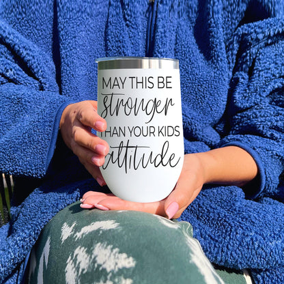 Kids Attitude 17oz tumbler Gia Roma white stainless steel with black script held in blue fleece on Tampa Home & Garden Store