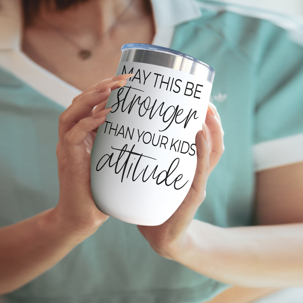 Kids Attitude 17oz tumbler by Gia Roma, white with black script and blue lid on Tampa Home & Garden Store