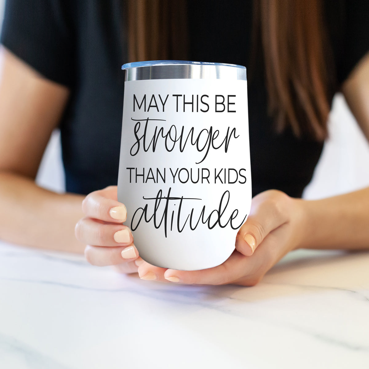 Gia Roma Kids Attitude 17oz tumbler, stainless steel with black script text held by hands on Tampa Home & Garden Store