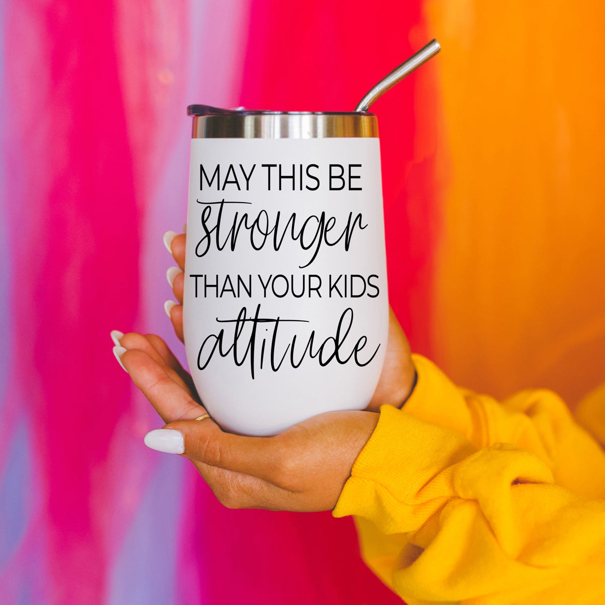 Kids Attitude 17oz tumbler Gia Roma white with black script stainless lid and straw on Tampa Home & Garden Store