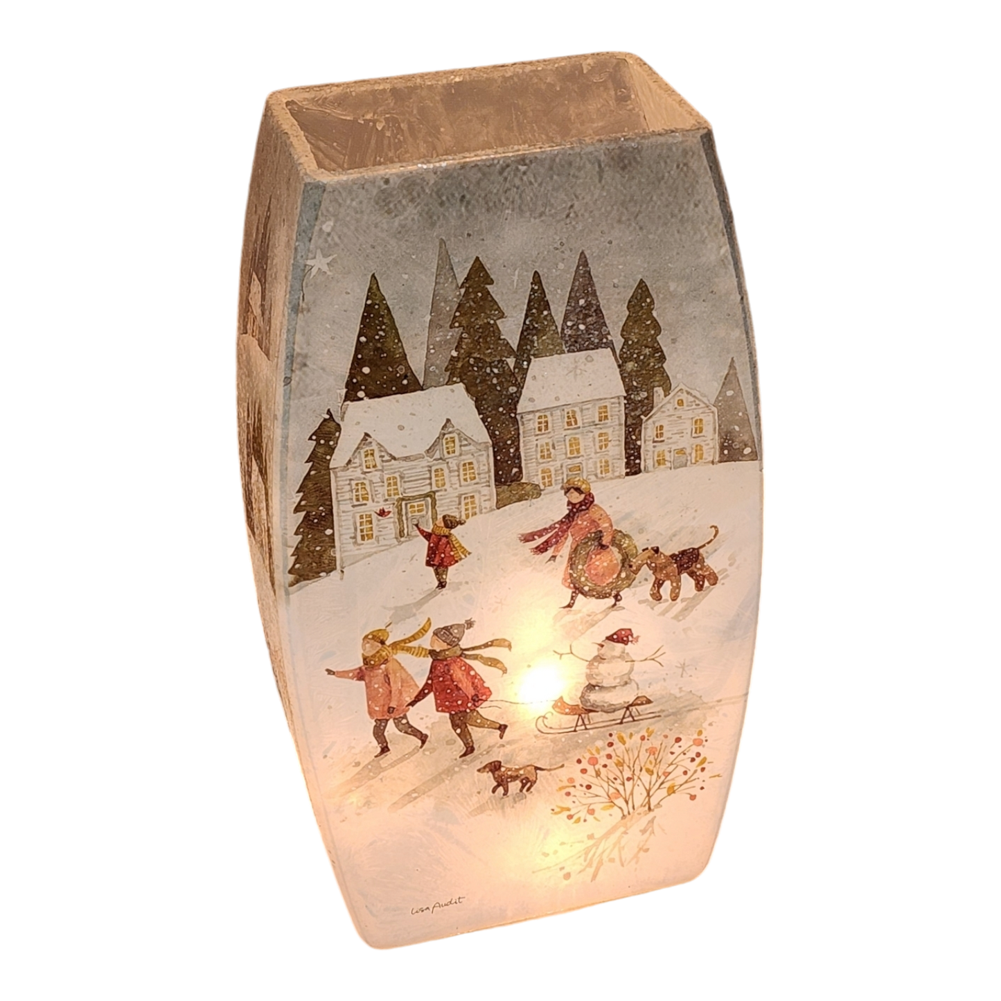 Vase en verre lumineux - Paysage hivernal magique - Trois maisons - 19,7 cm de hauteur