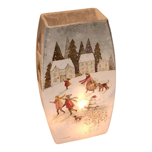 Vase en verre lumineux - Paysage hivernal magique - Trois maisons - 19,7 cm de hauteur