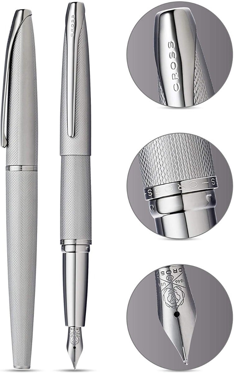 ATX Cross fountain pen in titanium gray stainless steel with medium nib, knurled grip, views on Tampa Home & Garden Store