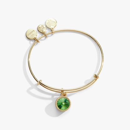 August Birthstone Charm Bangle with four charms, Peridot, by ALEX AND ANI gold-tone bracelet on Tampa Home & Garden Store