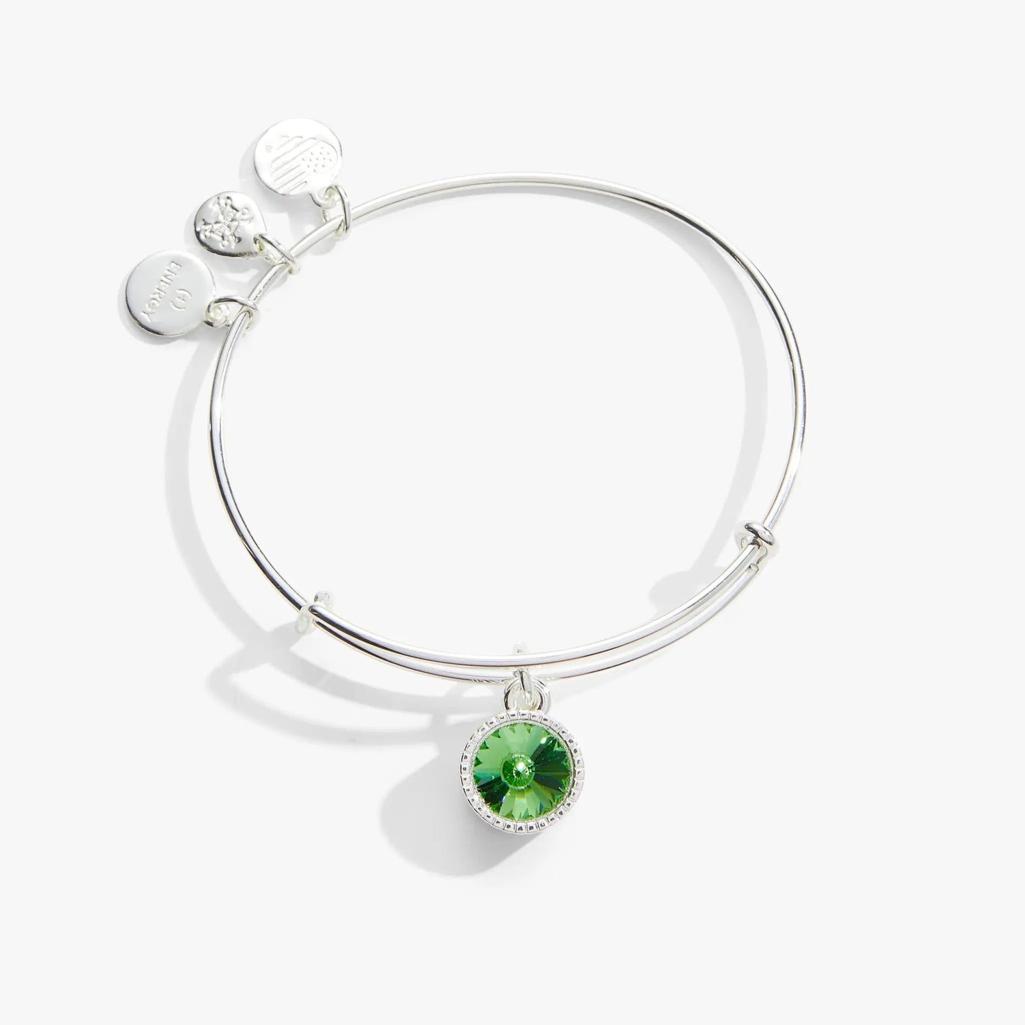 Bracelet by ALEX AND ANI: August Birthstone Charm Bangle with green peridot centerpiece and round charms on Tampa Home & Garden Store