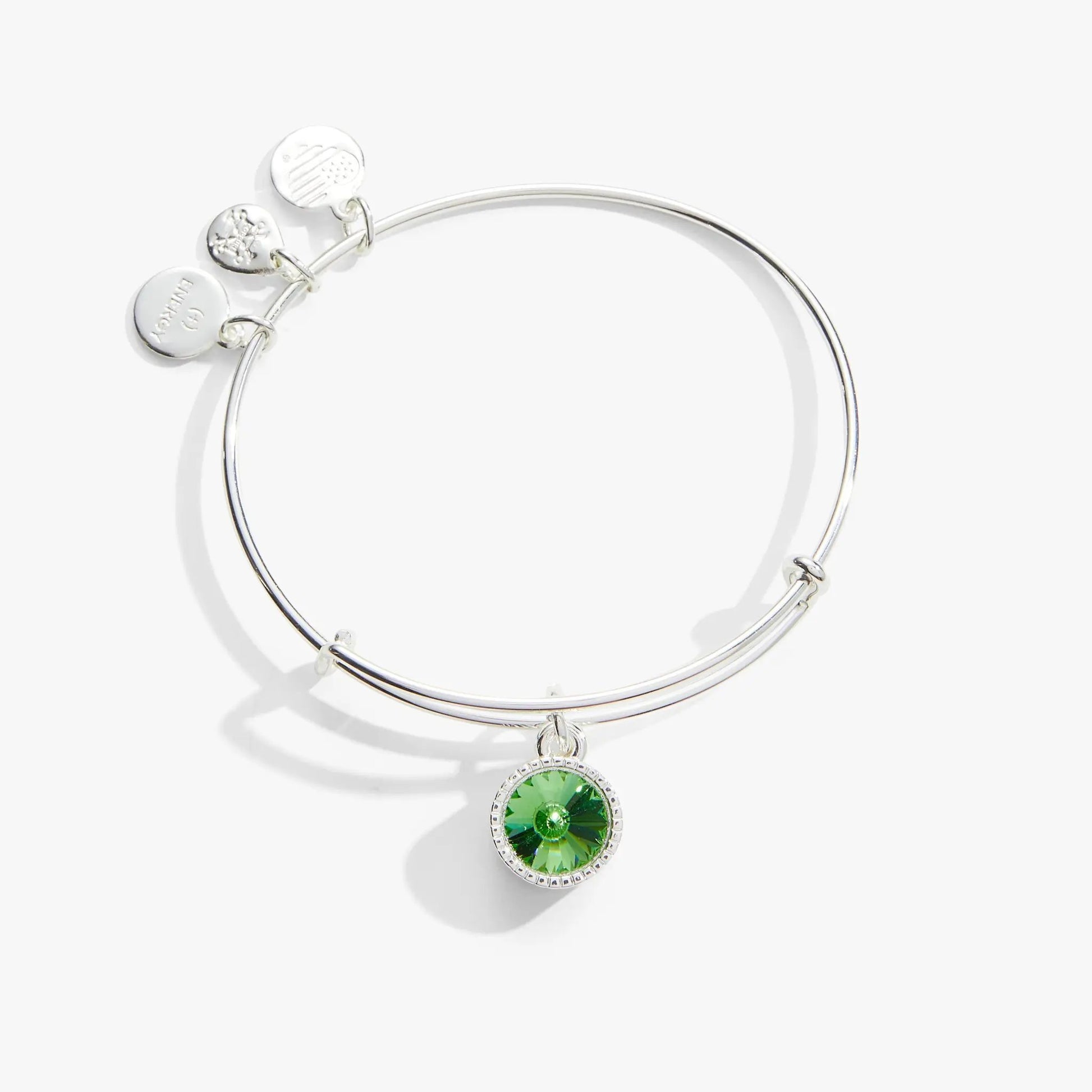 Bracelet by ALEX AND ANI: August Birthstone Charm Bangle with green peridot centerpiece and round charms on Tampa Home & Garden Store