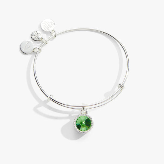 Bracelet by ALEX AND ANI: August Birthstone Charm Bangle with green peridot centerpiece and round charms on Tampa Home & Garden Store
