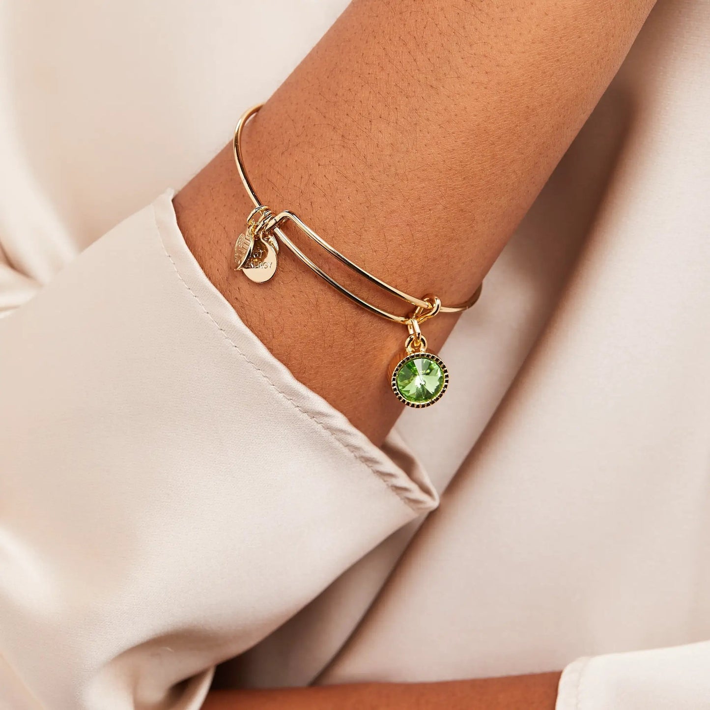 August Birthstone Charm Bangle with green peridot on gold-tone bracelet by ALEX AND ANI on Tampa Home & Garden Store