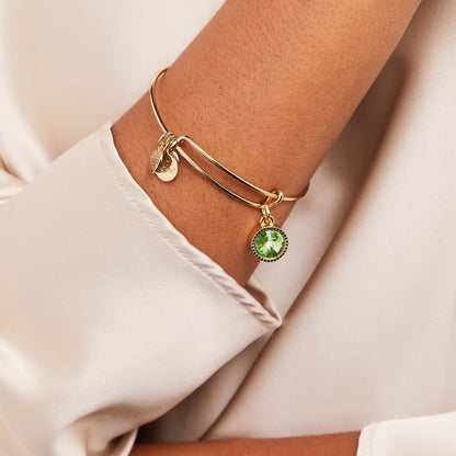 August Birthstone Charm Bangle with green peridot on gold-tone bracelet by ALEX AND ANI on Tampa Home & Garden Store