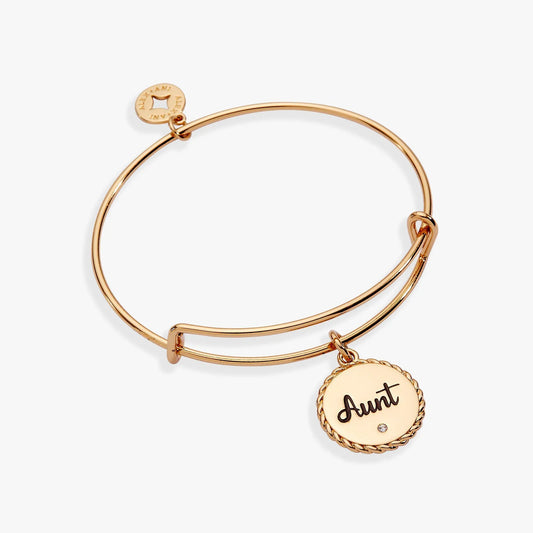 Aunt charm bracelet by Alex and Ani, rose-gold tone bangle with round pendant engraved Aunt on Tampa Home & Garden Store