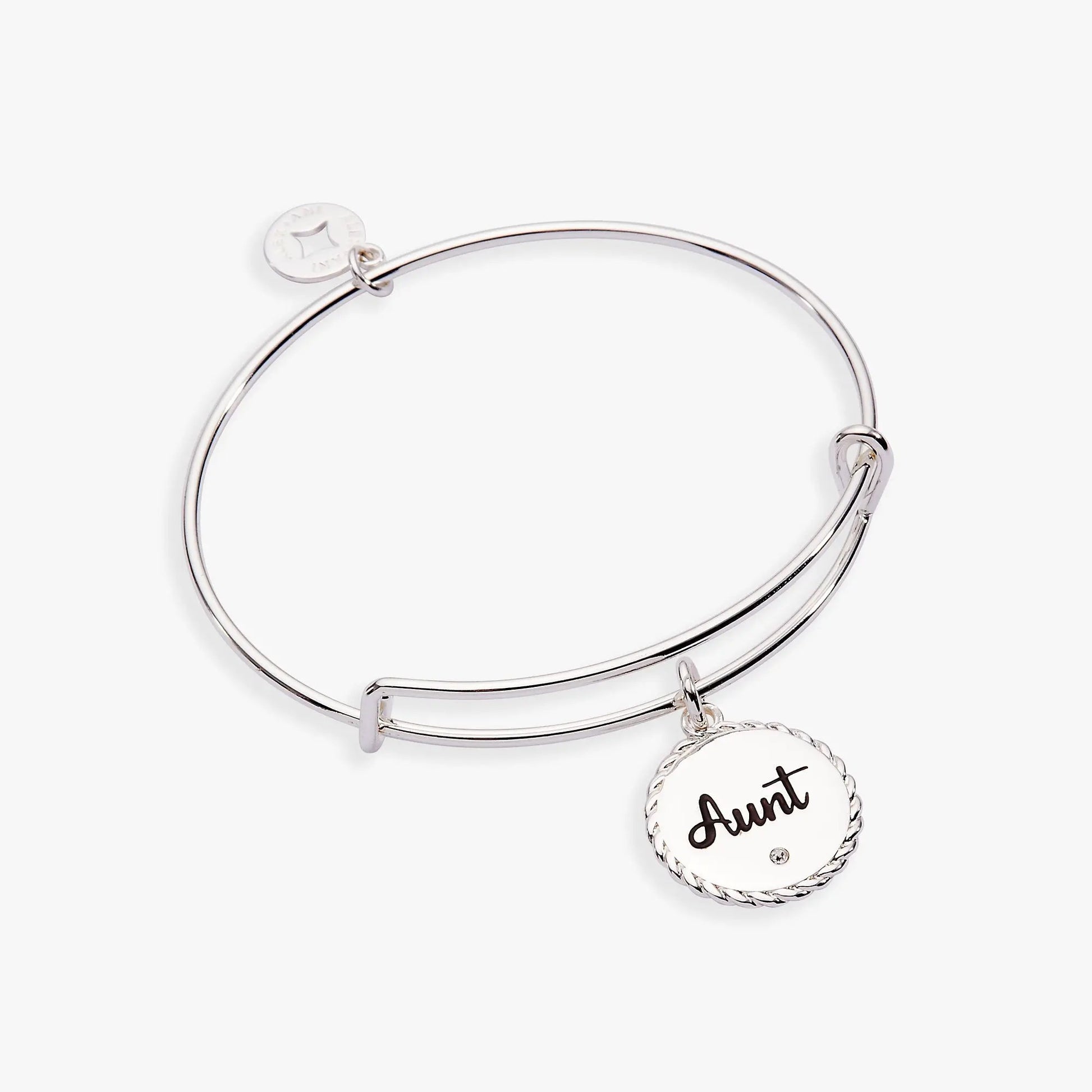 Aunt charm bangle by ALEX AND ANI, silver-tone bracelet with round white enamel Aunt pendant on Tampa Home & Garden Store