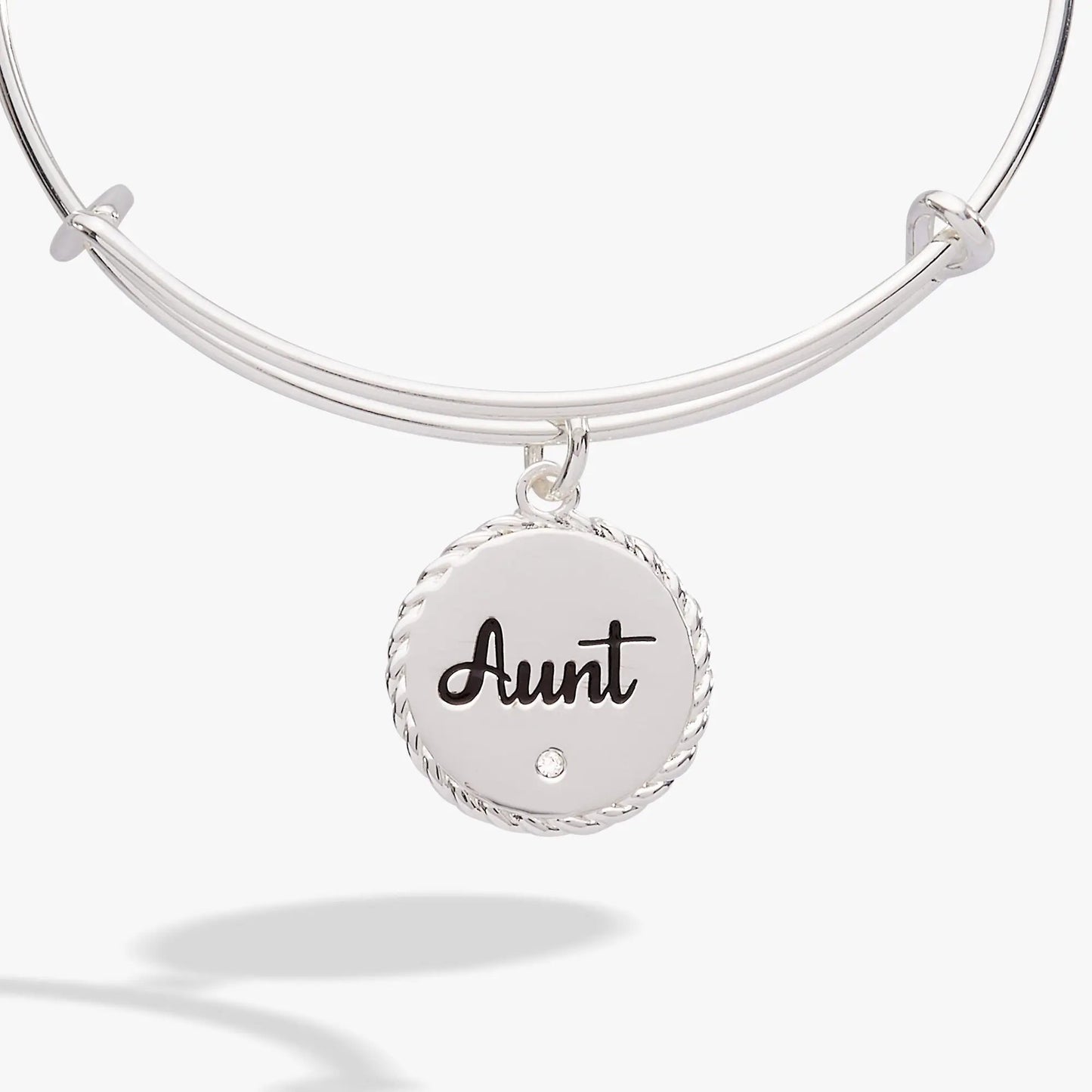Aunt charm bangle bracelet in silver with round braided pendant reading Aunt on Tampa Home & Garden Store