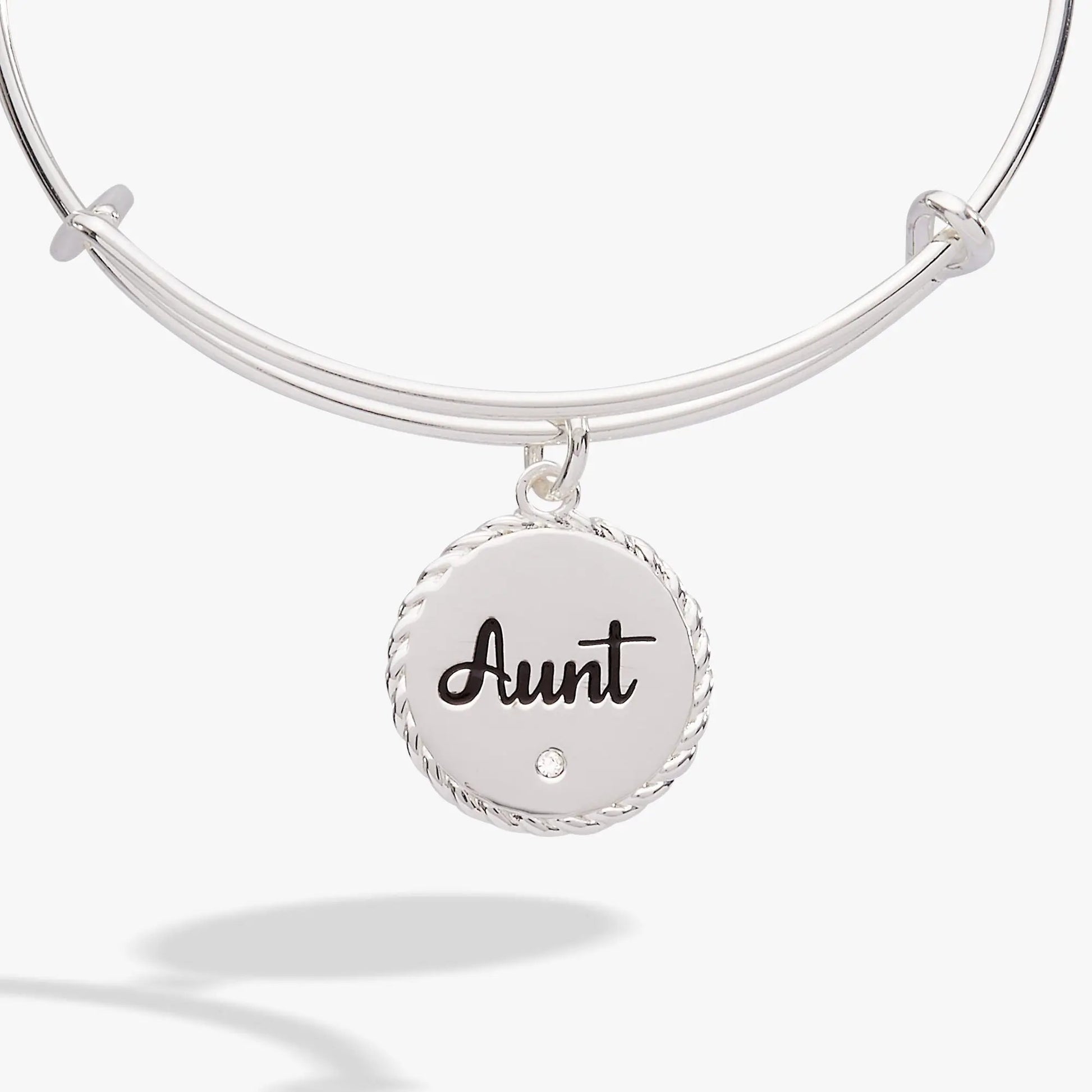 Aunt charm bangle bracelet in silver with round braided pendant reading Aunt on Tampa Home & Garden Store