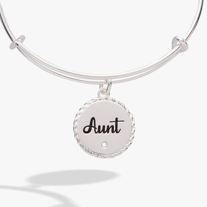 Aunt charm bangle bracelet in silver with round braided pendant reading Aunt on Tampa Home & Garden Store
