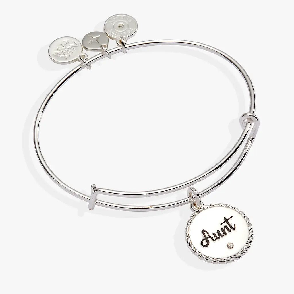 Alex and Ani Aunt Charm Bangle in silver with an Aunt pendant and small engraved charms, on Tampa Home & Garden Store