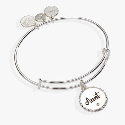 Alex and Ani Aunt Charm Bangle in silver with an Aunt pendant and small engraved charms, on Tampa Home & Garden Store
