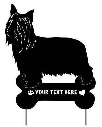 Australian Silky Terrier garden stake in black metal with bone-shaped base and YOUR TEXT HERE text on Tampa Home & Garden Store