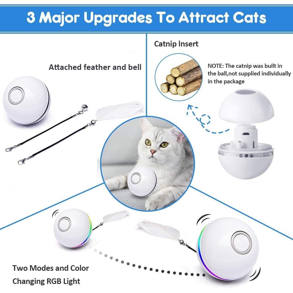 Stevvex USB Rechargeable Smart Cat Ball with feather and RGB LED rotation for cats on Tampa Home & Garden Store
