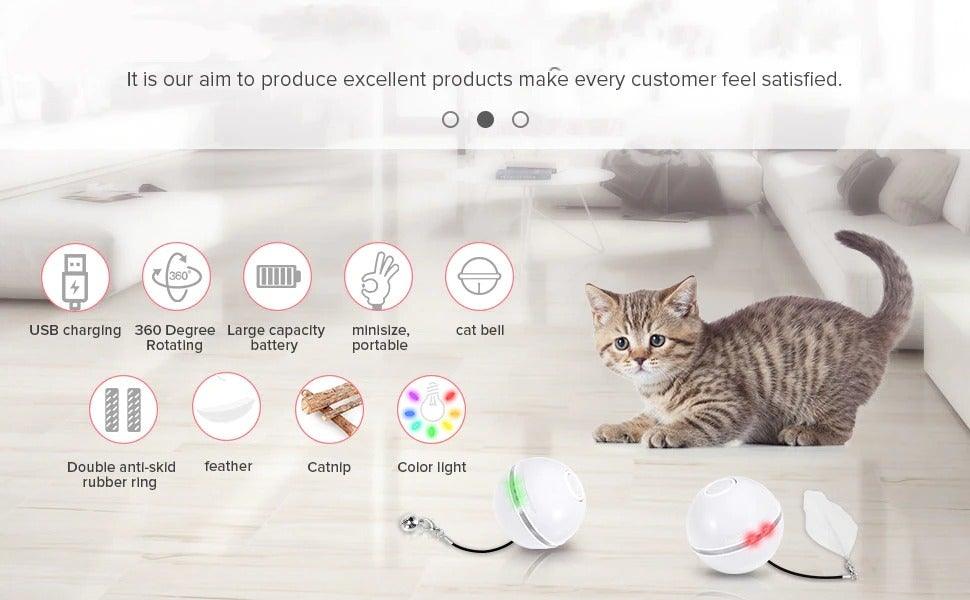 Automatic smart cat toy ball USB-rechargeable with 360° rotation, LED light, feathers and bells on Tampa Home & Garden Store