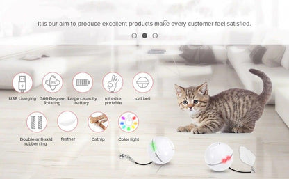 Automatic smart cat toy ball USB-rechargeable with 360° rotation, LED light, feathers and bells on Tampa Home & Garden Store