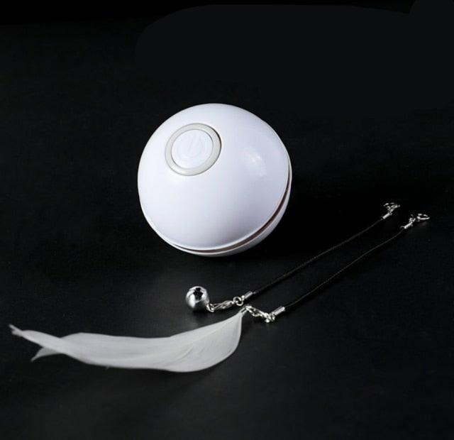 Stevvex white automatic smart cat toy ball with USB recharge, spinning LED light and feather on Tampa Home & Garden Store