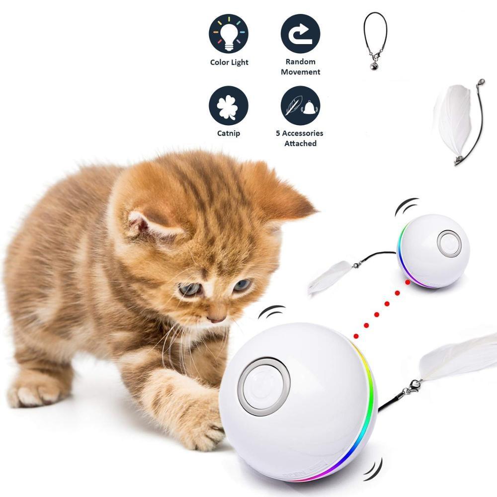 Stevvex automatic cat toy ball with LED lights, USB rechargeable, self-rotating feather on Tampa Home & Garden Store