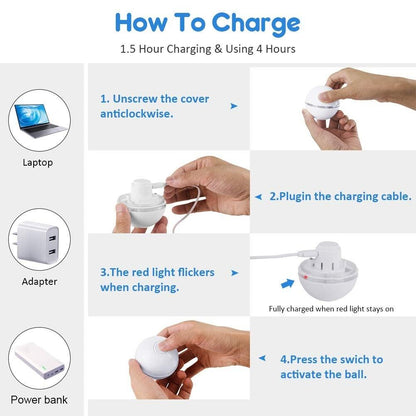Stevvex cat toy Ball charging guide: USB LED ball; unscrew cover, plug charger, activate on Tampa Home & Garden Store