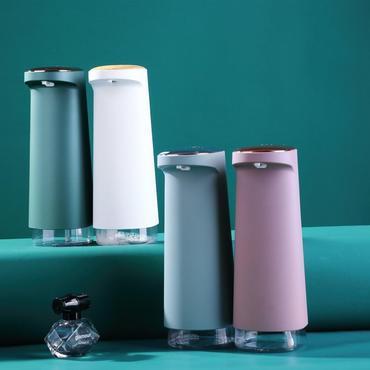 Stevvex automatic foaming soap dispenser set teal white gray pink with wood cap tops touchless on Tampa Home & Garden Store
