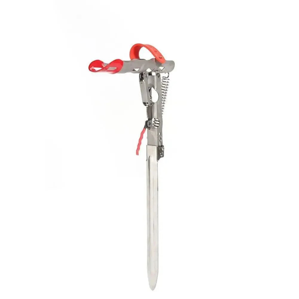Automatic stainless steel fishing pole holder by Stevvex foldable, double-spring, red strap on Tampa Home & Garden Store