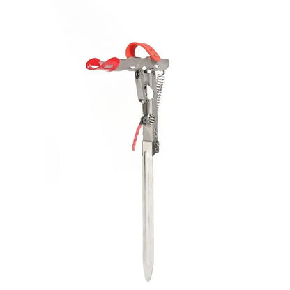 Automatic stainless steel fishing pole holder by Stevvex foldable, double-spring, red strap on Tampa Home & Garden Store