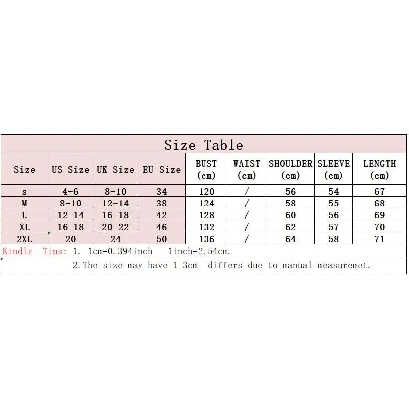 Stevvex ST93316ZYX coat size table with US/UK/EU sizes and bust/waist/shoulder/sleeve/length S–2XL on Tampa Home & Garden Store