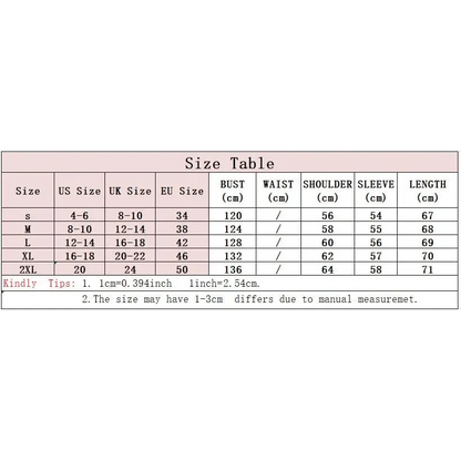 Stevvex ST93316ZYX coat size table with US/UK/EU sizes and bust/waist/shoulder/sleeve/length S–2XL on Tampa Home & Garden Store