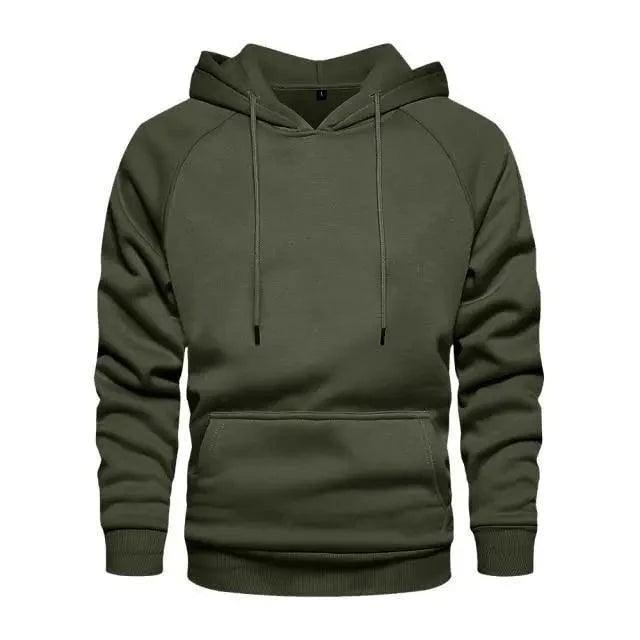 Olive green men's pullover hoodie with drawstring hood, kangaroo pocket, ribbed cuffs and hem on Tampa Home & Garden Store
