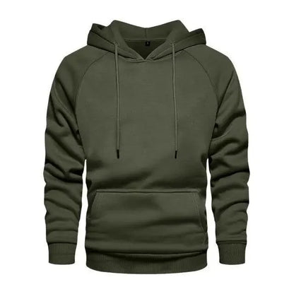 Olive green men's pullover hoodie with drawstring hood, kangaroo pocket, ribbed cuffs and hem on Tampa Home & Garden Store