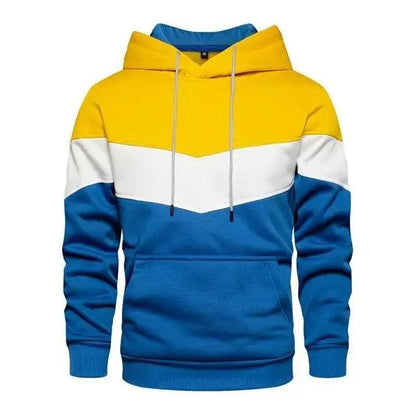 Stevvex men's color-block hoodie with yellow, white, blue panels, drawstring hood and pocket on Tampa Home & Garden Store