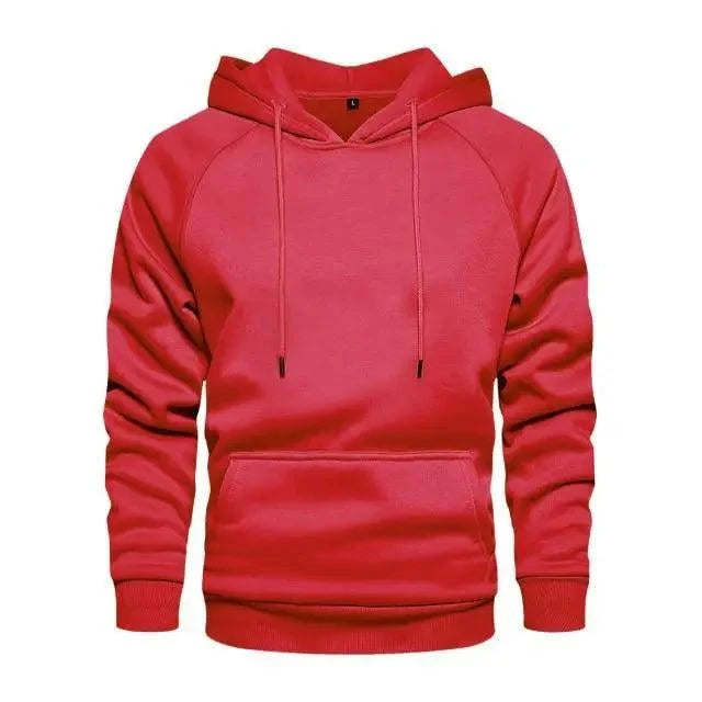 Stevvex red pullover hoodie with front kangaroo pocket, drawstrings, ribbed cuffs and hem on Tampa Home & Garden Store