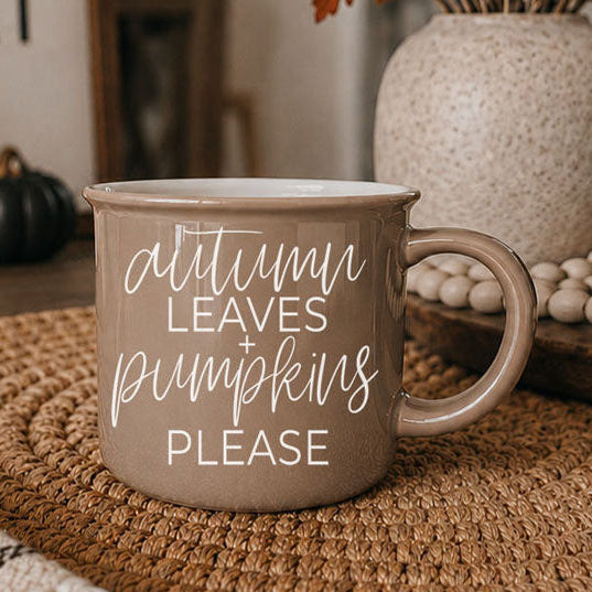 Autumn Leaves coffee mug Gia Roma brown glazed ceramic with white script pumpkins please on Tampa Home & Garden Store