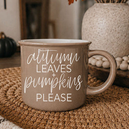 Autumn Leaves coffee mug Gia Roma brown glazed ceramic with white script pumpkins please on Tampa Home & Garden Store