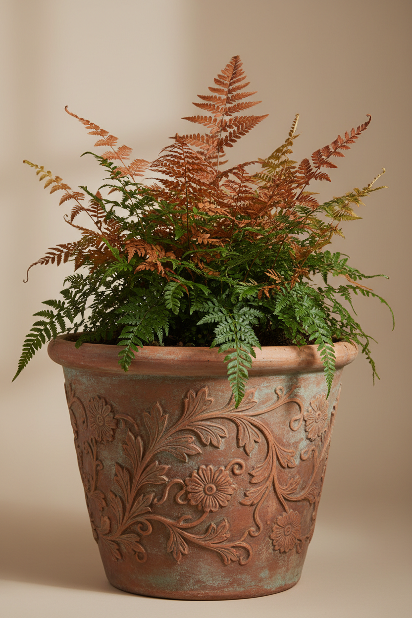 Autumn Fern indoor potted plant in a terracotta pot with floral design; green to orange fronds on Tampa Home & Garden Store