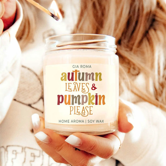 Toasted Pumpkin Candle by Gia Roma in a soy wax jar with autumn leaves & pumpkin pie label on Tampa Home & Garden Store