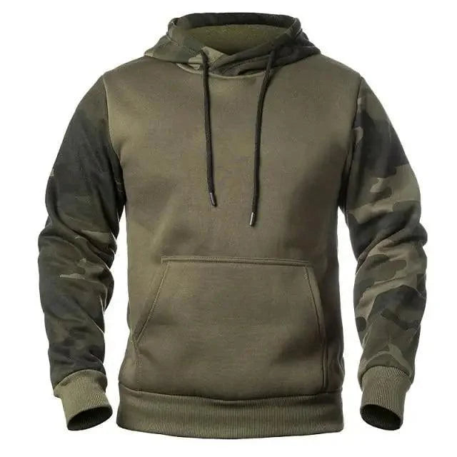 Stevvex camo fleece hoodie olive body with camo sleeves, hooded pullover sweatshirt on Tampa Home & Garden Store