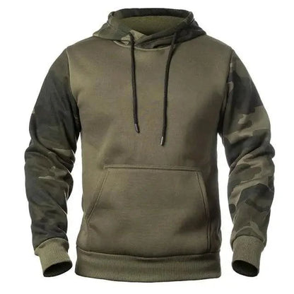 Stevvex camo fleece hoodie olive body with camo sleeves, hooded pullover sweatshirt on Tampa Home & Garden Store