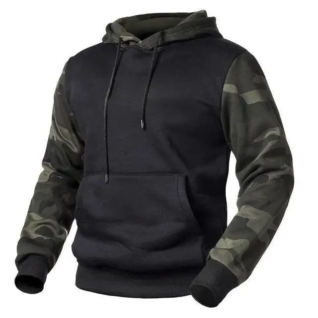 Stevvex men's camo sleeve fleece hoodie, black body, hooded pullover with front pocket on Tampa Home & Garden Store