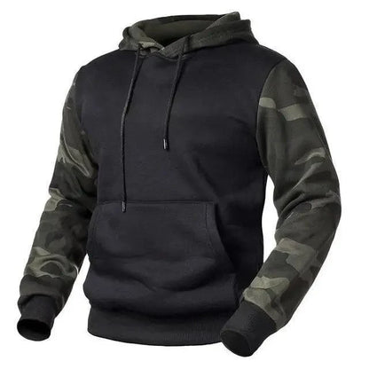 Stevvex men's camo sleeve fleece hoodie, black body, hooded pullover with front pocket on Tampa Home & Garden Store